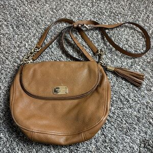 Michael Kors Bedford Brown Pebbled Leather Tassel Zipper Foldover Crossbody Bag